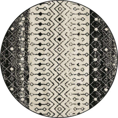 Black and White 6' 1 x 6' 1 Tribal Trellis Round Area Rug Geometric Southwestern Inspired Durable Carpet for Home Interior Design for Sale at Rug Engine