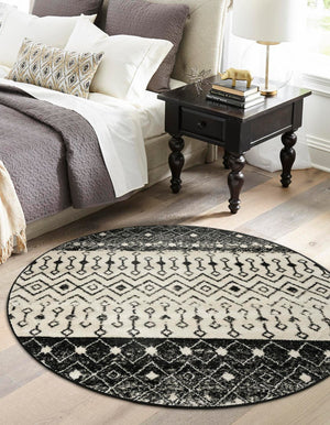 Black and White 5' 3 x 5' 3 Tribal Trellis Round Area Rug Geometric Southwestern Inspired Durable Carpet for Home Interior Design for Sale at Rug Engine