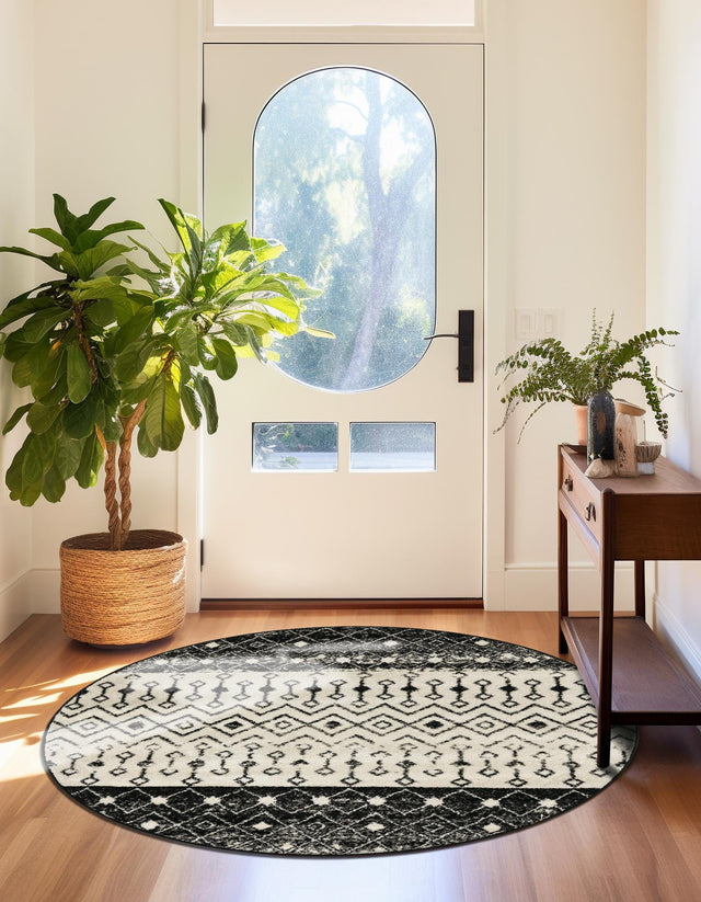 Black and White 3' 1 x 3' 1 Tribal Trellis Round Area Rug Geometric Southwestern Inspired Durable Carpet for Home Interior Design for Sale at Rug Engine