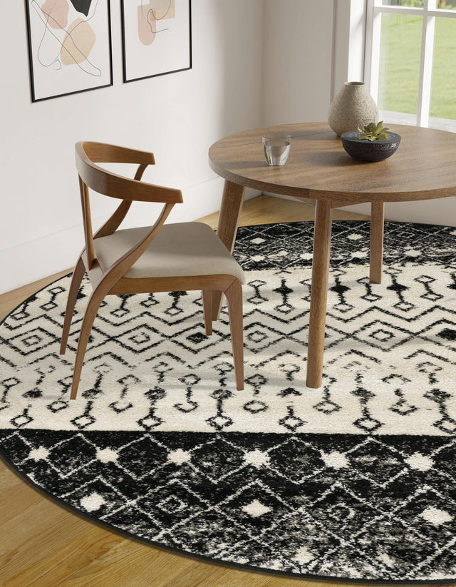 Black and White 5' 3 x 5' 3 Tribal Trellis Round Area Rug Geometric Southwestern Inspired Durable Carpet for Home Interior Design for Sale at Rug Engine