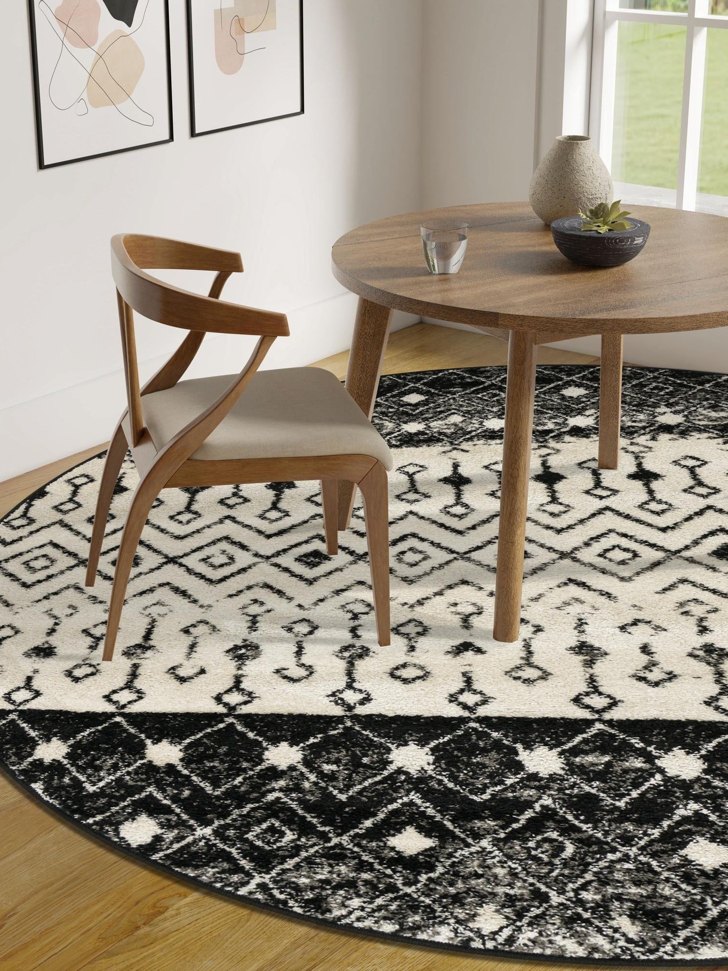 Black and White 7' 10 x 7' 10 Tribal Trellis Round Area Rug Geometric Southwestern Inspired Durable Carpet for Home Interior Design for Sale at Rug Engine