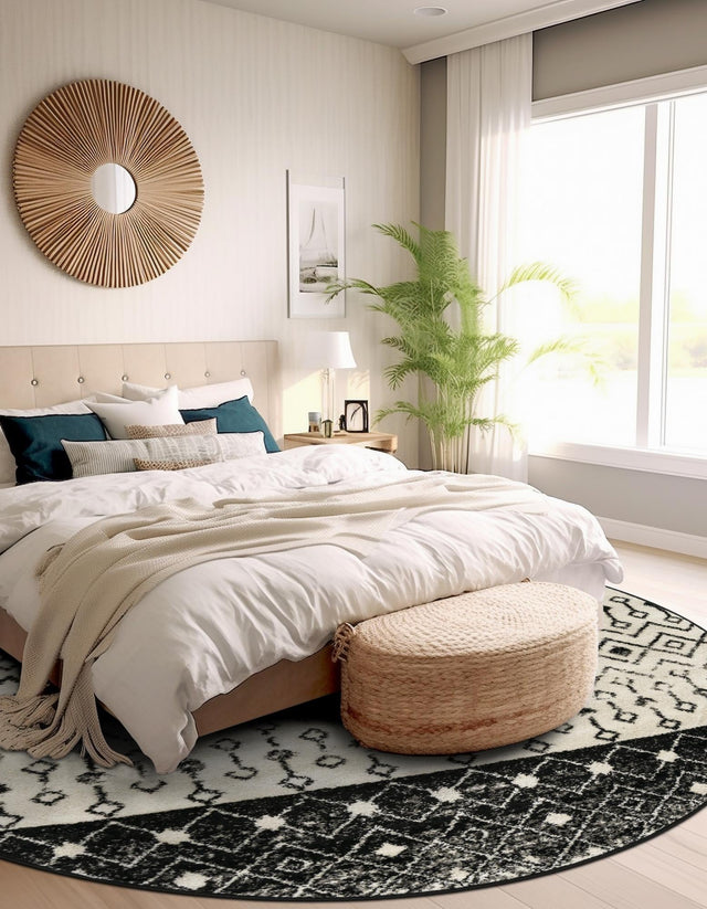 Black and White 6' 1 x 6' 1 Tribal Trellis Round Area Rug Geometric Southwestern Inspired Durable Carpet for Home Interior Design for Sale at Rug Engine