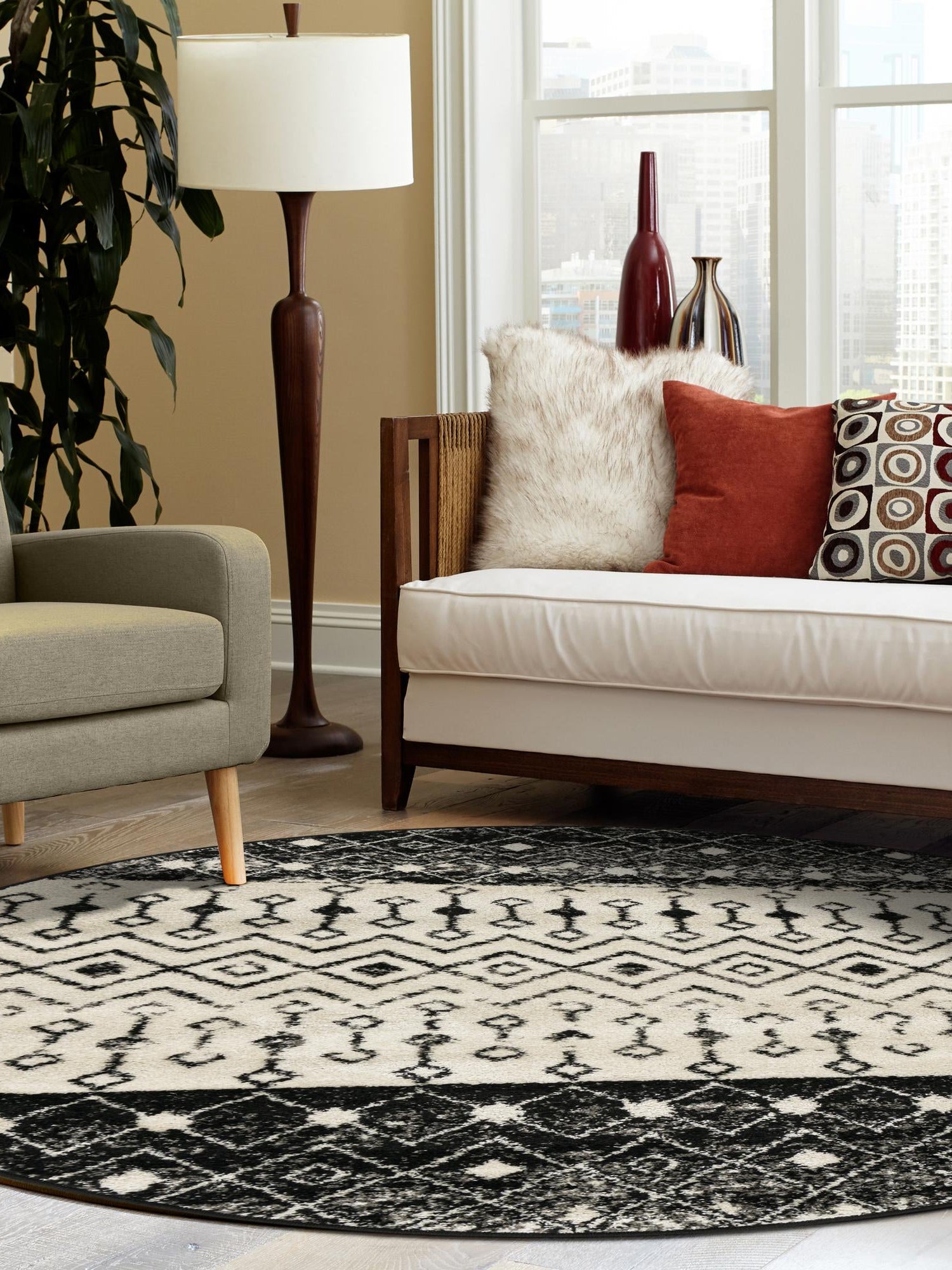 Black and White 5' 3 x 5' 3 Tribal Trellis Round Area Rug Geometric Southwestern Inspired Durable Carpet for Home Interior Design for Sale at Rug Engine