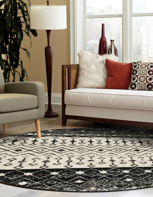 Black and White 5' 3 x 5' 3 Tribal Trellis Round Area Rug Geometric Southwestern Inspired Durable Carpet for Home Interior Design for Sale at Rug Engine