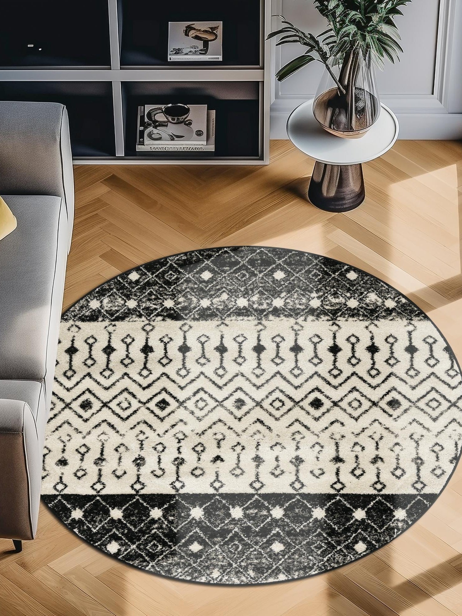 Black and White 6' 1 x 6' 1 Tribal Trellis Round Area Rug Geometric Southwestern Inspired Durable Carpet for Home Interior Design for Sale at Rug Engine