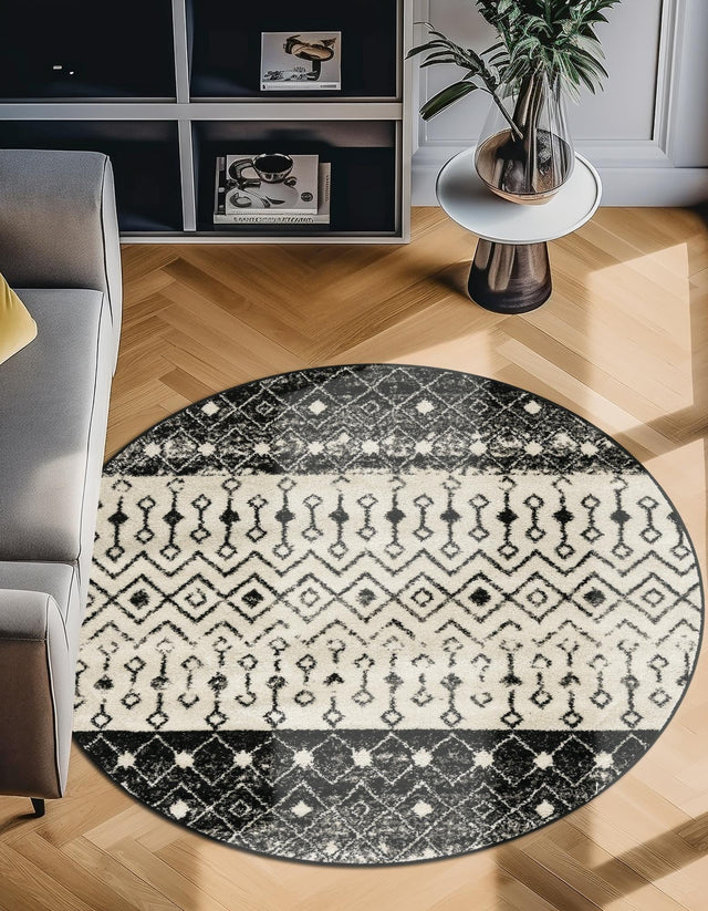 Black and White 5' 3 x 5' 3 Tribal Trellis Round Area Rug Geometric Southwestern Inspired Durable Carpet for Home Interior Design for Sale at Rug Engine