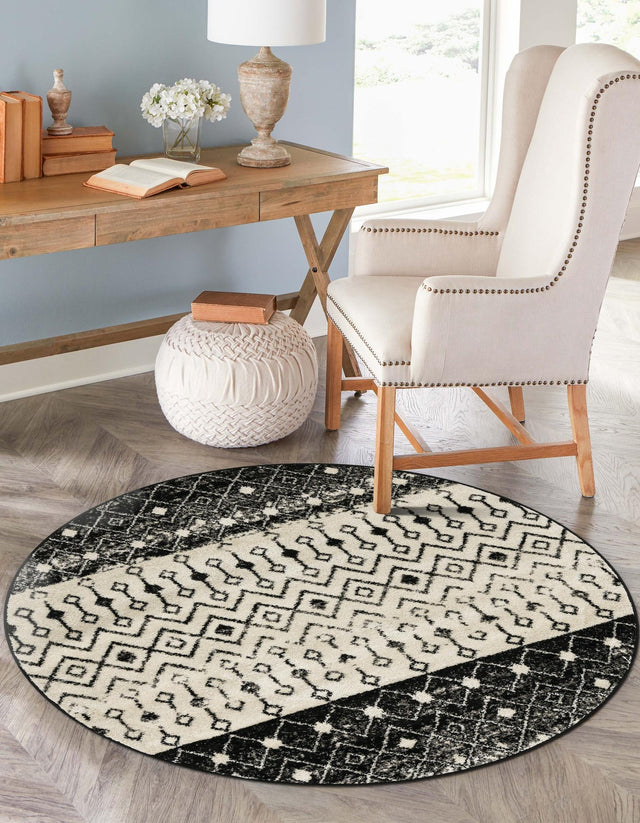 Black and White 3' 1 x 3' 1 Tribal Trellis Round Area Rug Geometric Southwestern Inspired Durable Carpet for Home Interior Design for Sale at Rug Engine