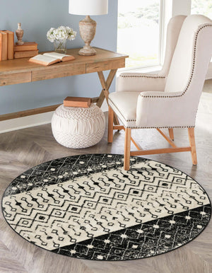 Black and White 5' 3 x 5' 3 Tribal Trellis Round Area Rug Geometric Southwestern Inspired Durable Carpet for Home Interior Design for Sale at Rug Engine