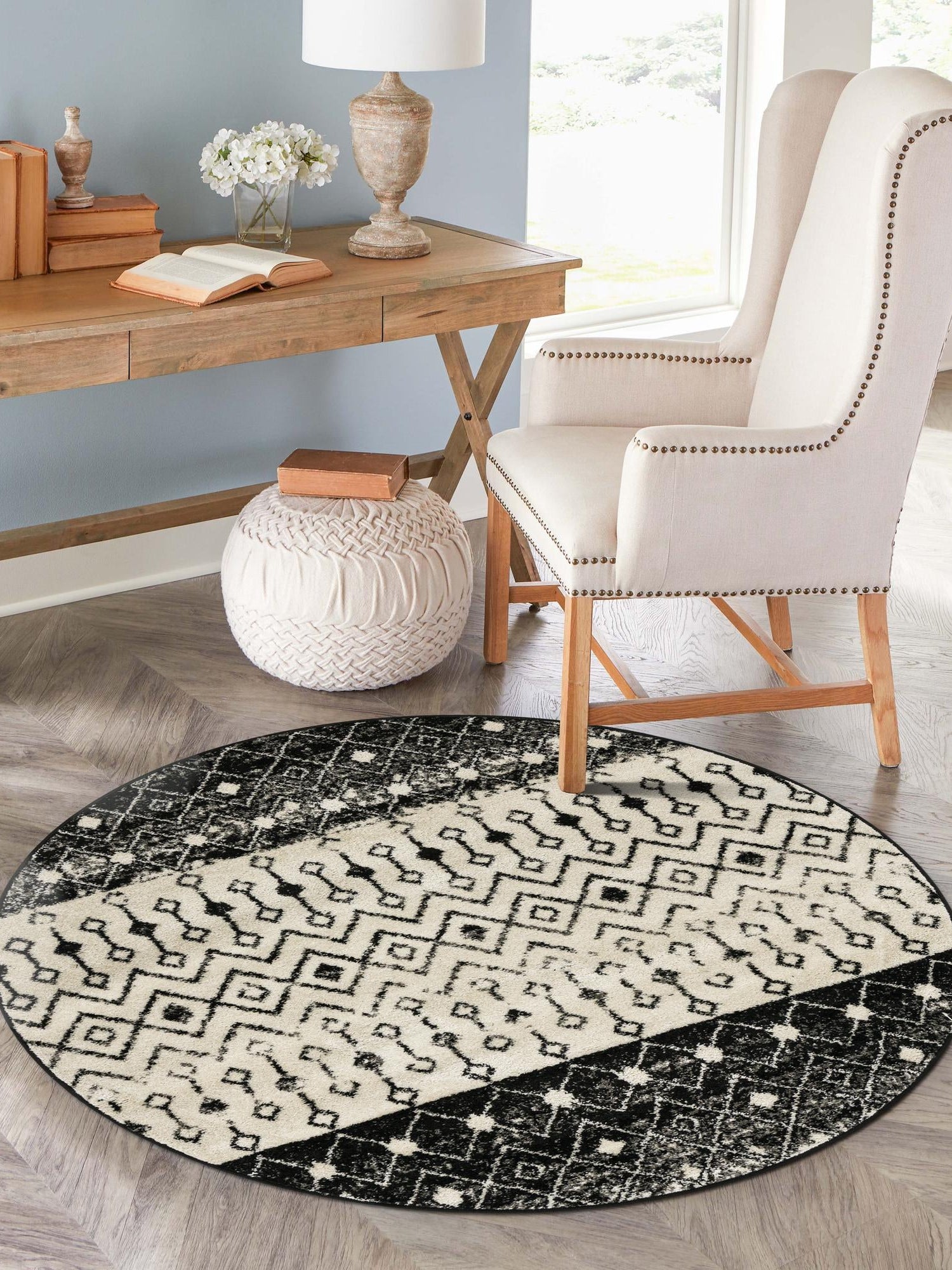 Black and White 7' 10 x 7' 10 Tribal Trellis Round Area Rug Geometric Southwestern Inspired Durable Carpet for Home Interior Design for Sale at Rug Engine
