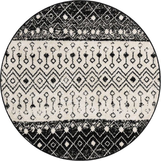 Black and White 5' 3 x 5' 3 Tribal Trellis Round Area Rug Geometric Southwestern Inspired Durable Carpet for Home Interior Design for Sale at Rug Engine