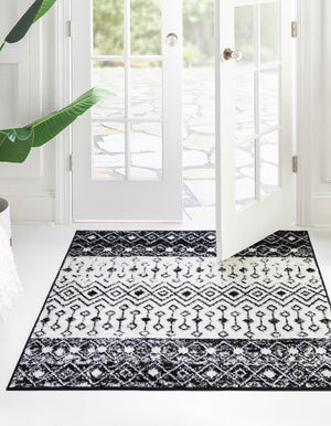 Black and White 7' 10 x 7' 10 Tribal Trellis Square Area Rug Geometric Southwestern Inspired Durable Carpet for Home Interior Design for Sale at Rug Engine