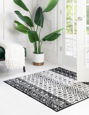 Black and White 4' 1 x 4' 1 Tribal Trellis Square Area Rug Geometric Southwestern Inspired Durable Carpet for Home Interior Design for Sale at Rug Engine