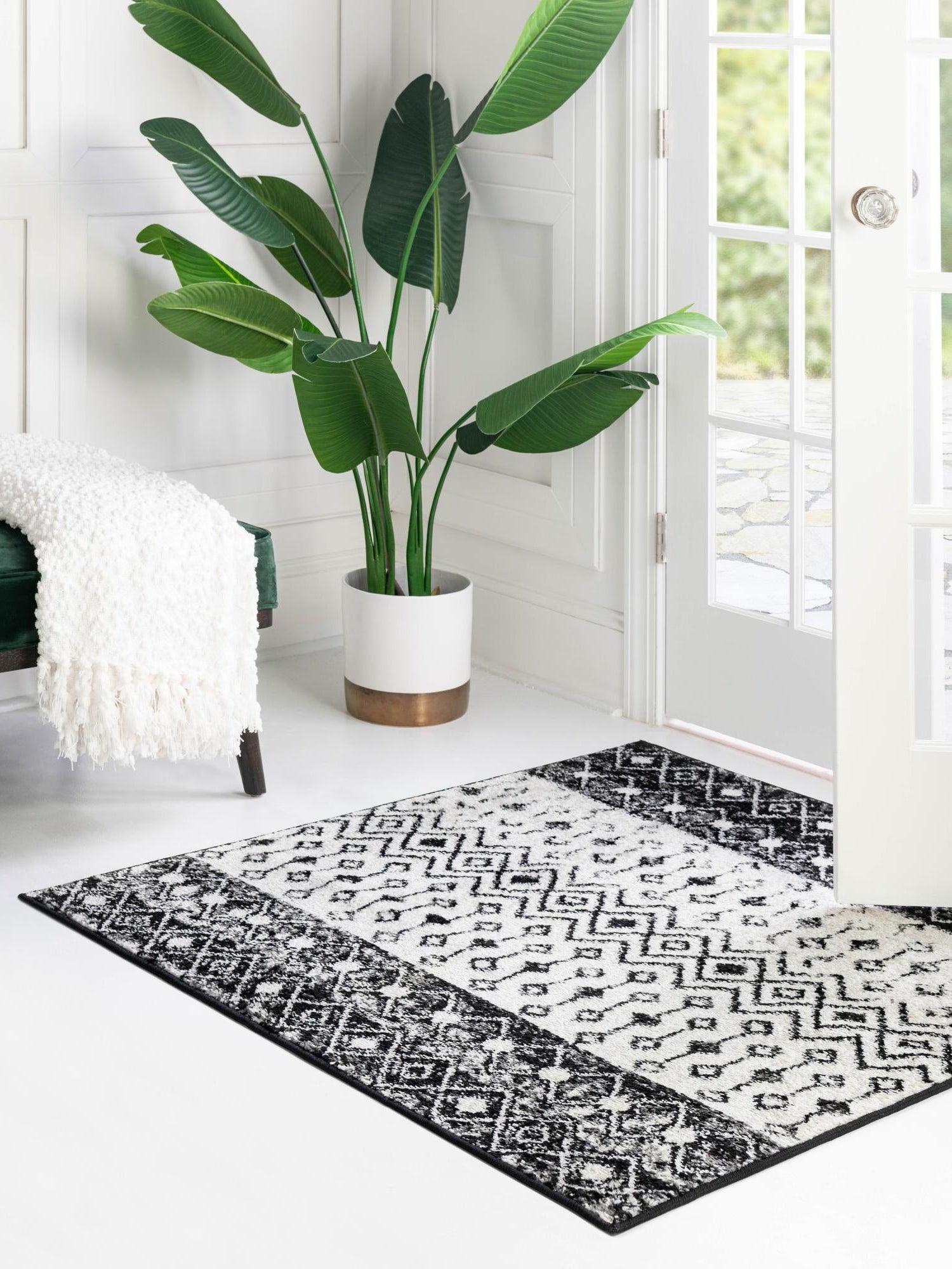 Black and White 5' 3 x 5' 3 Tribal Trellis Square Area Rug Geometric Southwestern Inspired Durable Carpet for Home Interior Design for Sale at Rug Engine