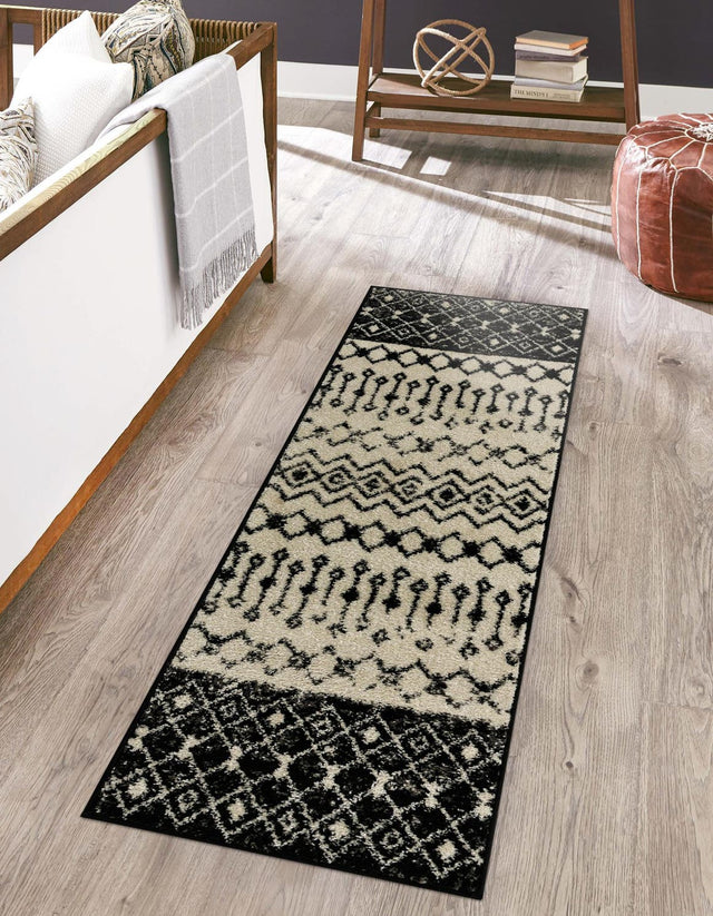 Black and White 2' x 6' 1 Tribal Trellis Runner Area Rug Geometric Southwestern Inspired Durable Carpet for Home Interior Design for Sale at Rug Engine