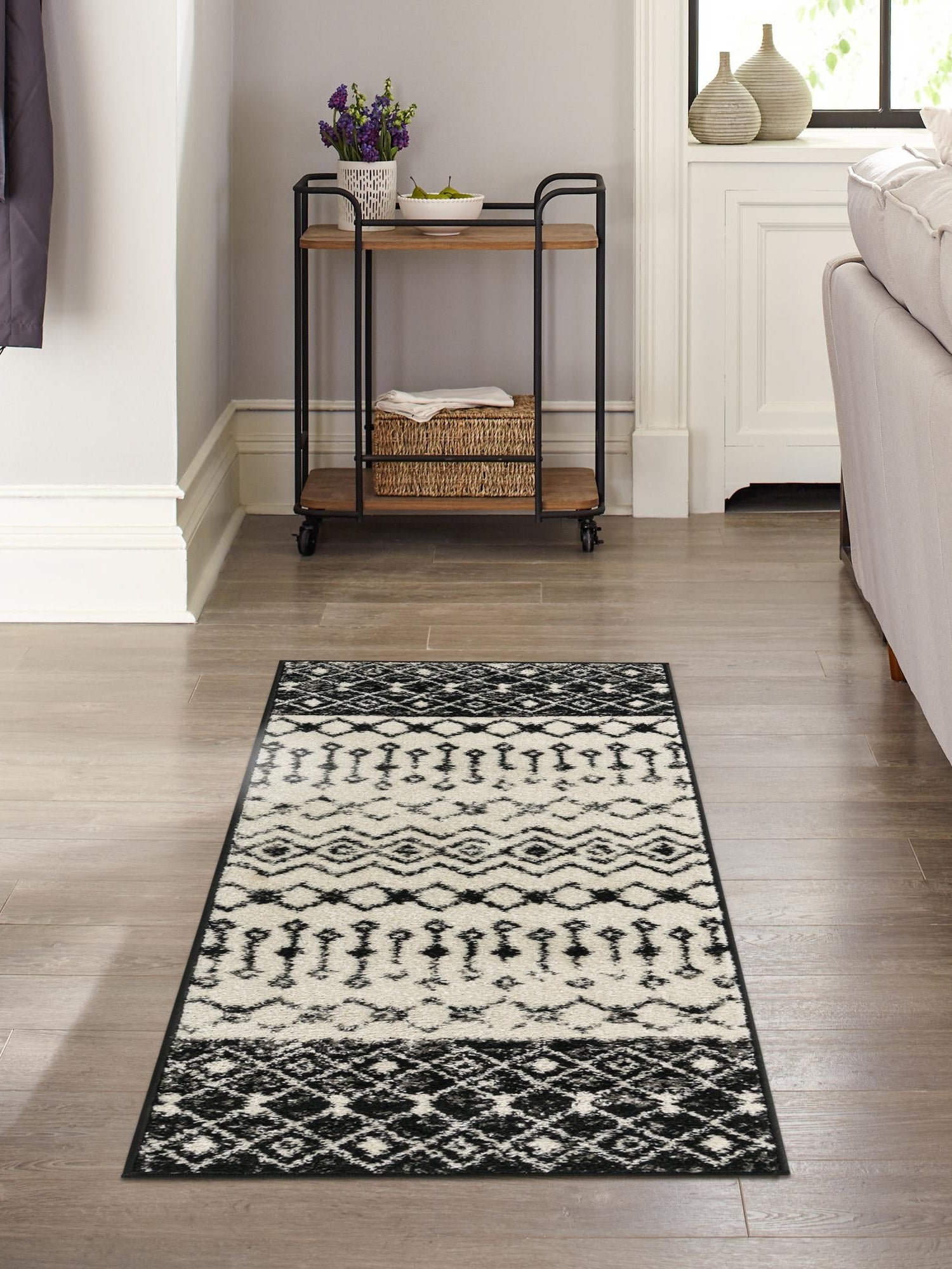 Black and White 2' x 7' 1 Tribal Trellis Runner Area Rug Geometric Southwestern Inspired Durable Carpet for Home Interior Design for Sale at Rug Engine