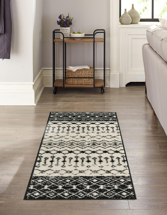 Black and White 2' x 5' 3 Tribal Trellis Runner Area Rug Geometric Southwestern Inspired Durable Carpet for Home Interior Design for Sale at Rug Engine