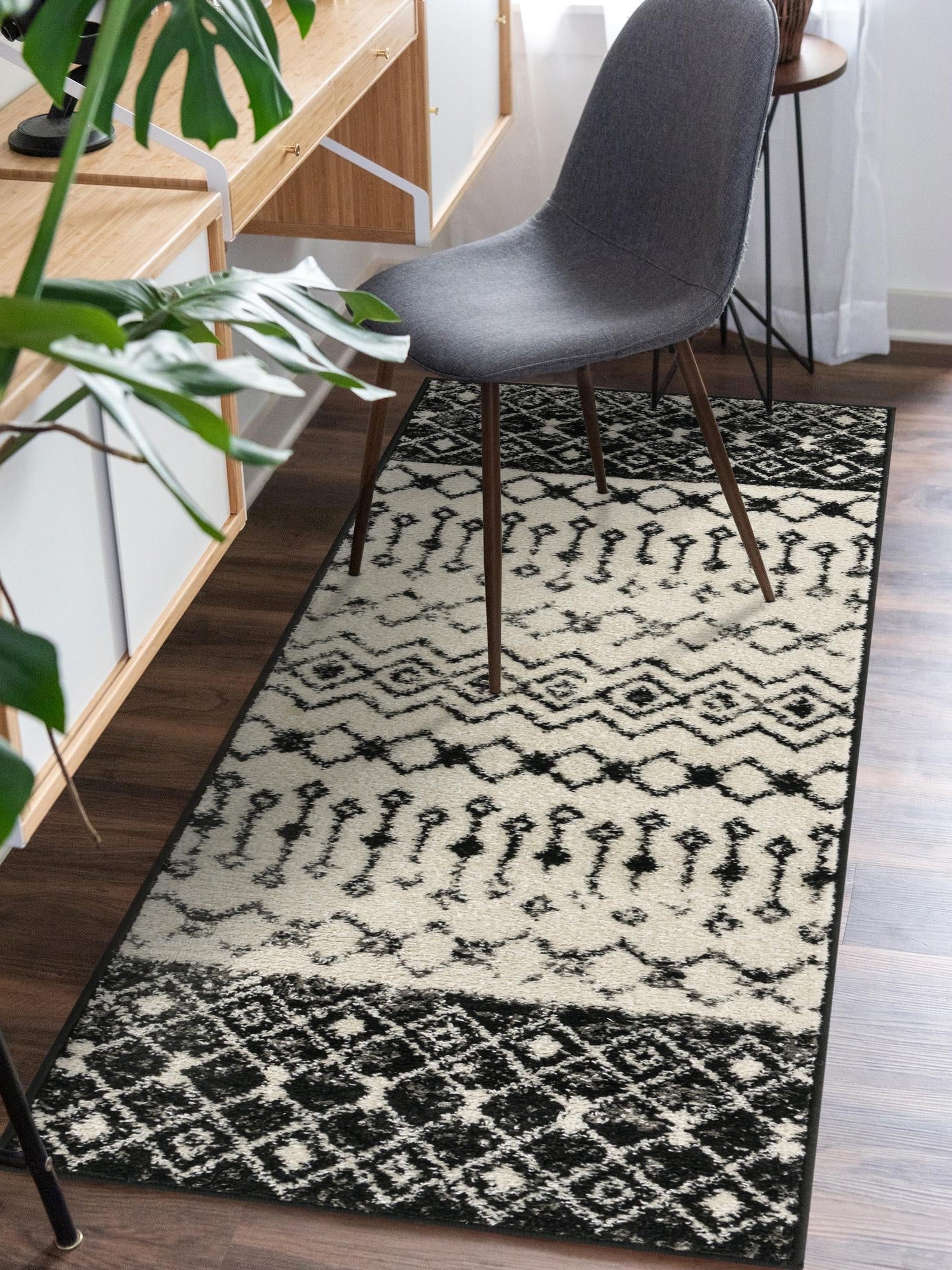 Black and White 2' x 5' 3 Tribal Trellis Runner Area Rug Geometric Southwestern Inspired Durable Carpet for Home Interior Design for Sale at Rug Engine