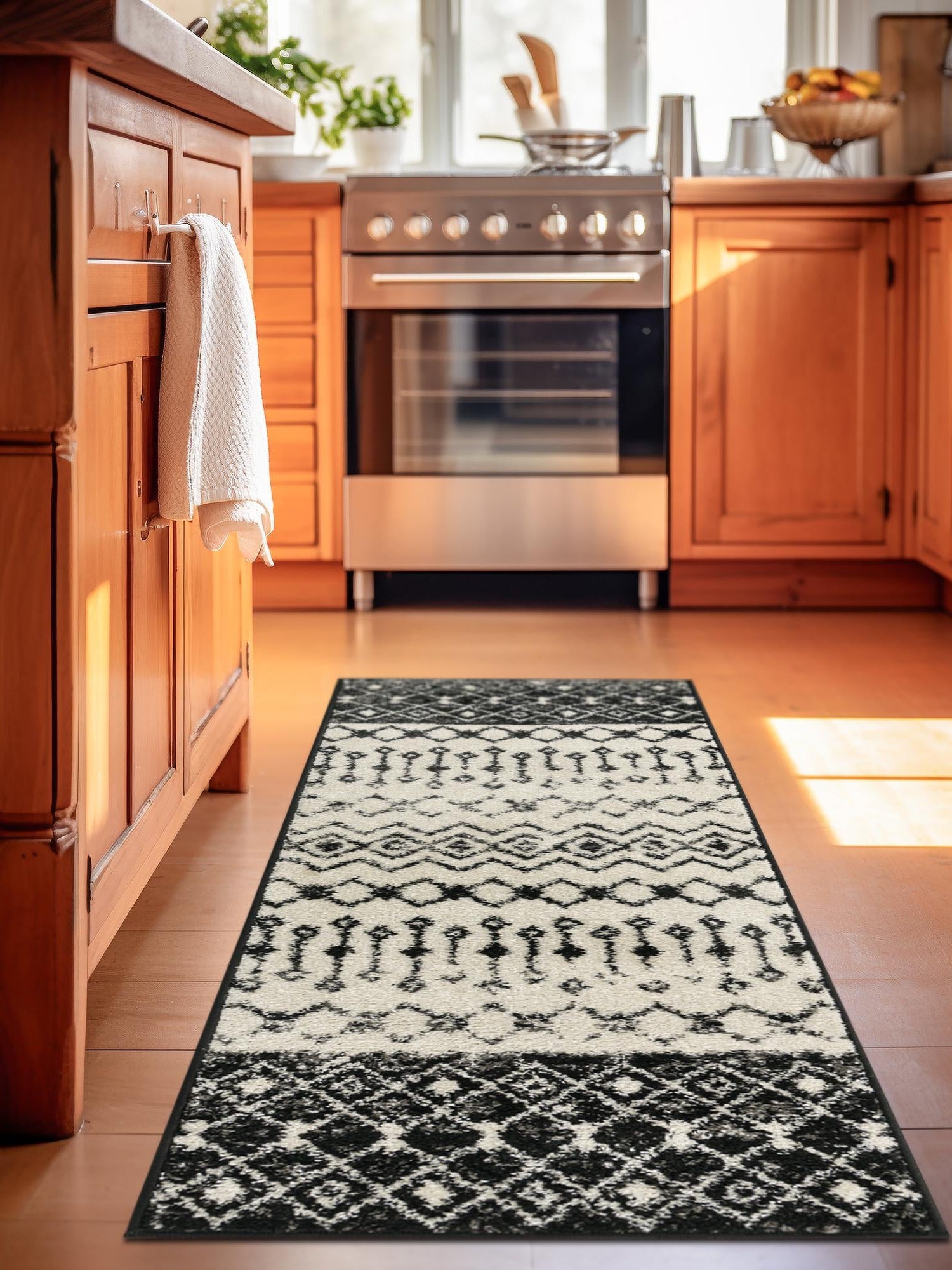 Black and White 2' x 7' 1 Tribal Trellis Runner Area Rug Geometric Southwestern Inspired Durable Carpet for Home Interior Design for Sale at Rug Engine