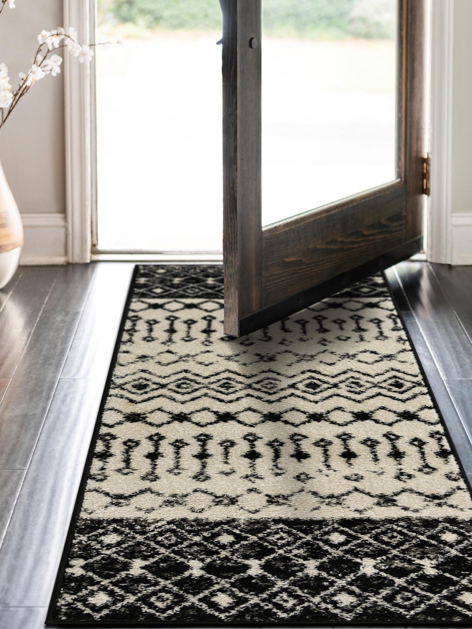 Black and White 2' x 8' Tribal Trellis Runner Area Rug Geometric Southwestern Inspired Durable Carpet for Home Interior Design for Sale at Rug Engine