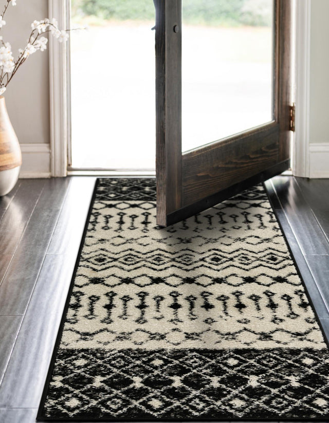 Black and White 2' x 6' 1 Tribal Trellis Runner Area Rug Geometric Southwestern Inspired Durable Carpet for Home Interior Design for Sale at Rug Engine