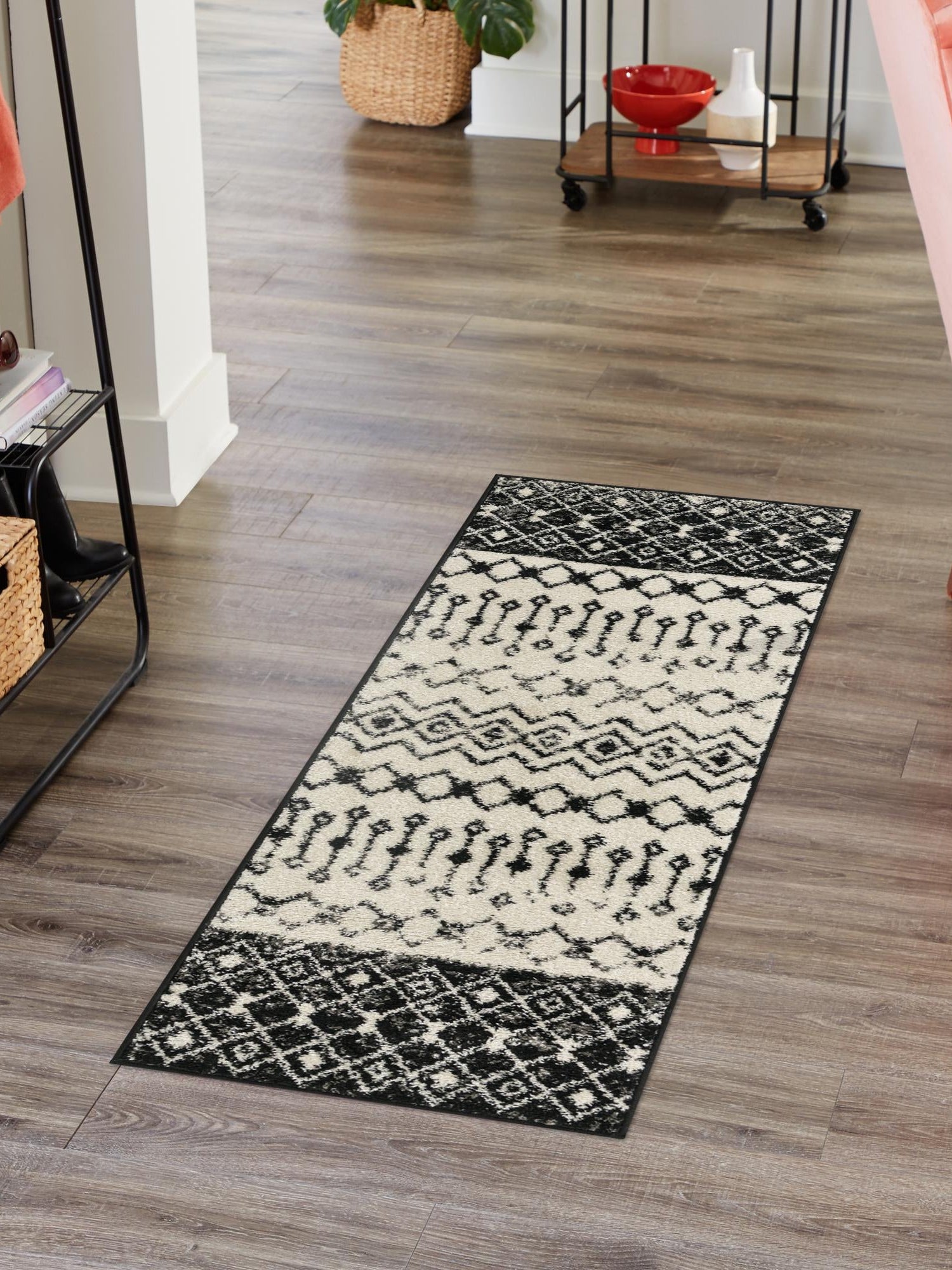 Black and White 2' x 8' Tribal Trellis Runner Area Rug Geometric Southwestern Inspired Durable Carpet for Home Interior Design for Sale at Rug Engine