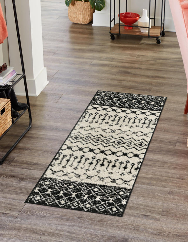 Black and White 2' x 5' 3 Tribal Trellis Runner Area Rug Geometric Southwestern Inspired Durable Carpet for Home Interior Design for Sale at Rug Engine