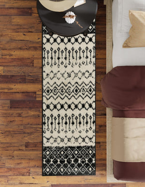 Black and White 2' 7 x 10' Tribal Trellis Runner Area Rug Geometric Southwestern Inspired Durable Carpet for Home Interior Design for Sale at Rug Engine