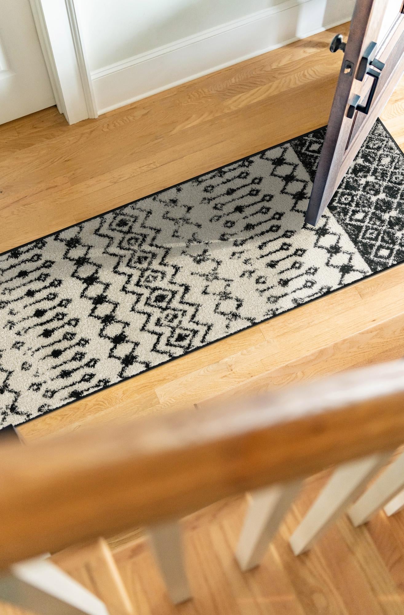 Black and White 2' x 6' 1 Tribal Trellis Runner Area Rug Geometric Southwestern Inspired Durable Carpet for Home Interior Design for Sale at Rug Engine
