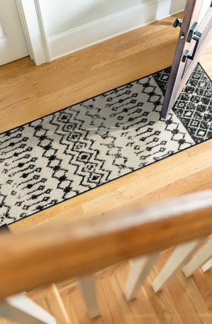 Black and White 2' x 6' 1 Tribal Trellis Runner Area Rug Geometric Southwestern Inspired Durable Carpet for Home Interior Design for Sale at Rug Engine