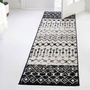 Black and White 2' x 6' 1 Tribal Trellis Runner Area Rug Geometric Southwestern Inspired Durable Carpet for Home Interior Design for Sale at Rug Engine