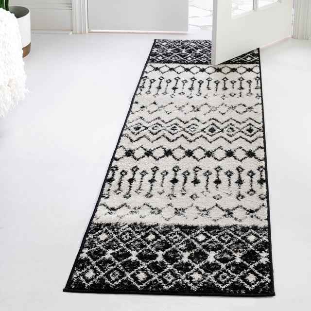 Black and White 2' x 6' 1 Tribal Trellis Runner Area Rug Geometric Southwestern Inspired Durable Carpet for Home Interior Design for Sale at Rug Engine