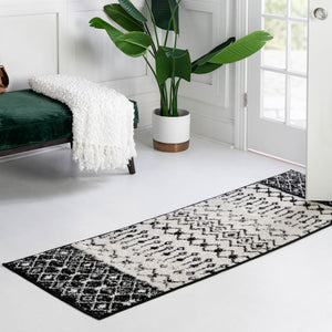 Black and White 2' 7 x 10' Tribal Trellis Runner Area Rug Geometric Southwestern Inspired Durable Carpet for Home Interior Design for Sale at Rug Engine