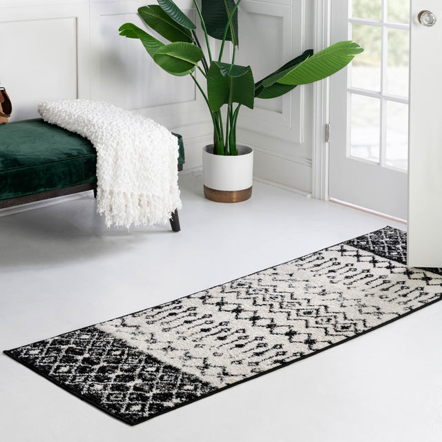 Black and White 2' 7 x 10' Tribal Trellis Runner Area Rug Geometric Southwestern Inspired Durable Carpet for Home Interior Design for Sale at Rug Engine
