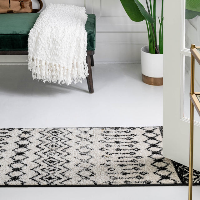 Black and White 2' x 6' 1 Tribal Trellis Runner Area Rug Geometric Southwestern Inspired Durable Carpet for Home Interior Design for Sale at Rug Engine