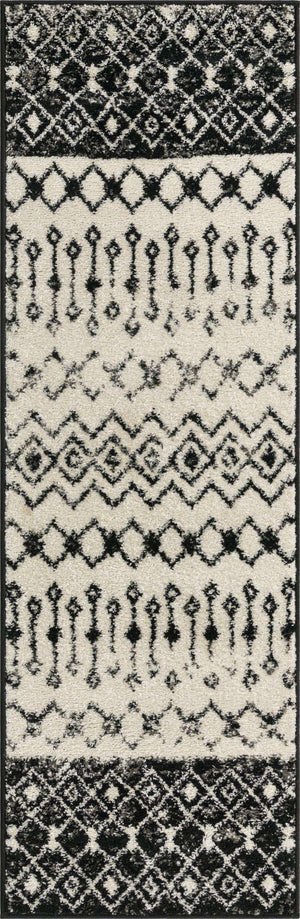 Black and White 2' x 6' 1 Tribal Trellis Runner Area Rug Geometric Southwestern Inspired Durable Carpet for Home Interior Design for Sale at Rug Engine