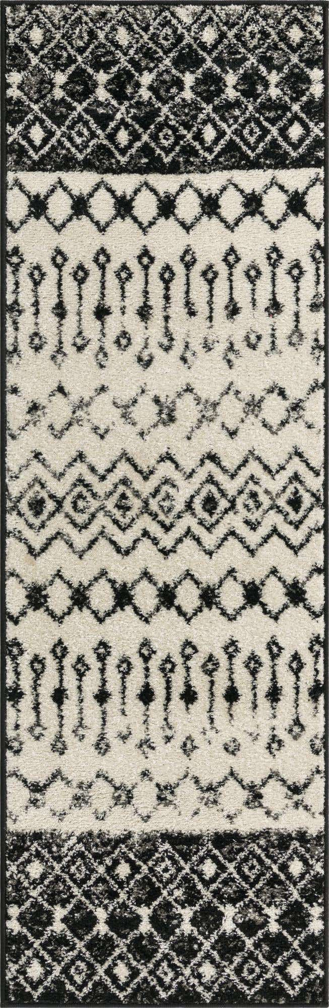 Black and White 2' x 6' 1 Tribal Trellis Runner Area Rug Geometric Southwestern Inspired Durable Carpet for Home Interior Design for Sale at Rug Engine