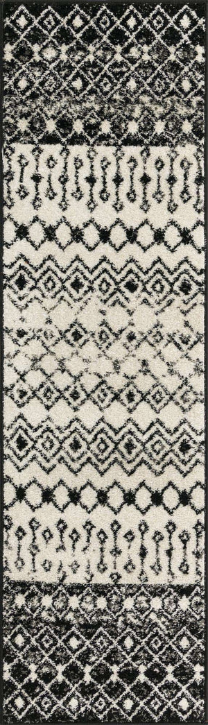 Black and White 2' x 7' 1 Tribal Trellis Runner Area Rug Geometric Southwestern Inspired Durable Carpet for Home Interior Design for Sale at Rug Engine