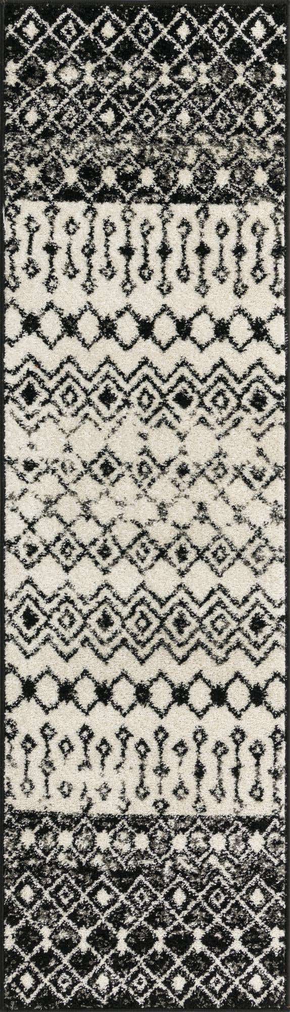 Black and White 2' x 7' 1 Tribal Trellis Runner Area Rug Geometric Southwestern Inspired Durable Carpet for Home Interior Design for Sale at Rug Engine