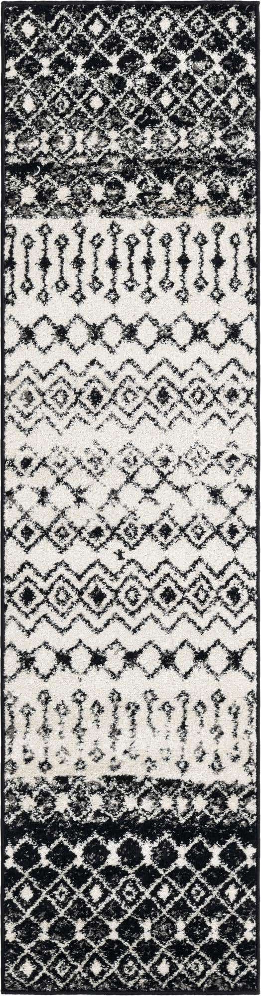 Black and White 2' x 8' Tribal Trellis Runner Area Rug Geometric Southwestern Inspired Durable Carpet for Home Interior Design for Sale at Rug Engine