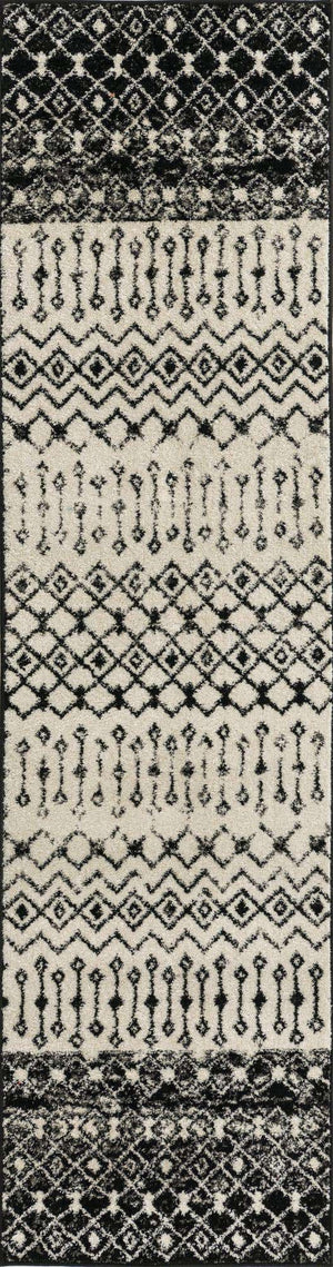 Black and White 2' 7 x 10' Tribal Trellis Runner Area Rug Geometric Southwestern Inspired Durable Carpet for Home Interior Design for Sale at Rug Engine