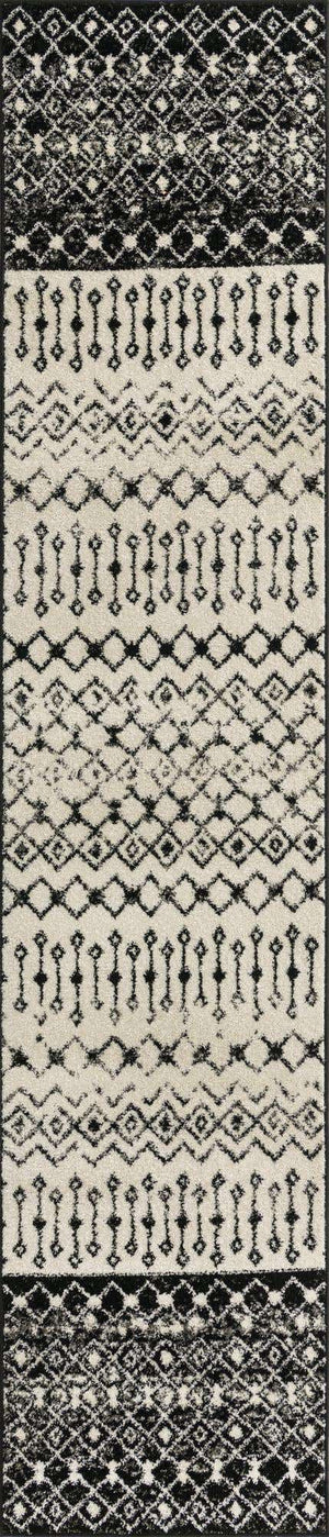 Black and White 2' 7 x 12' Tribal Trellis Runner Area Rug Geometric Southwestern Inspired Durable Carpet for Home Interior Design for Sale at Rug Engine