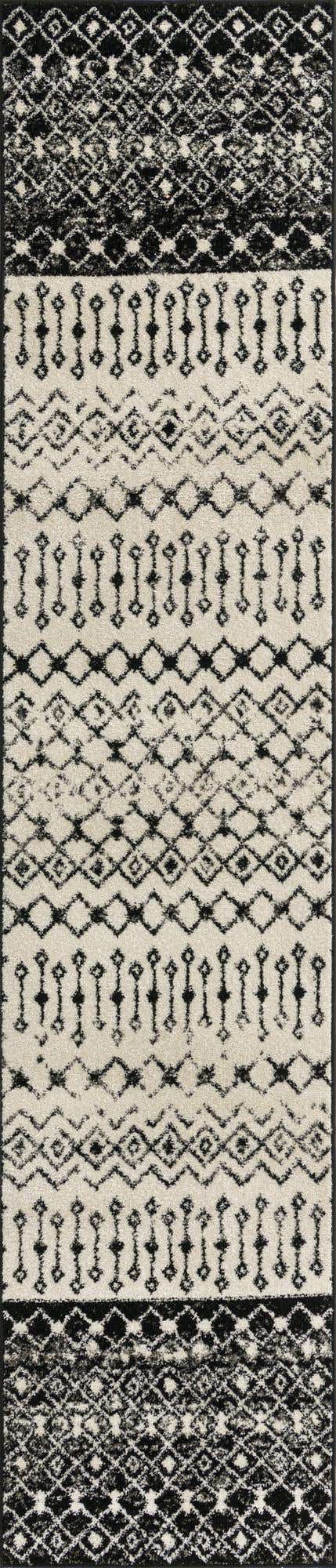 Black and White 2' 7 x 12' Tribal Trellis Runner Area Rug Geometric Southwestern Inspired Durable Carpet for Home Interior Design for Sale at Rug Engine