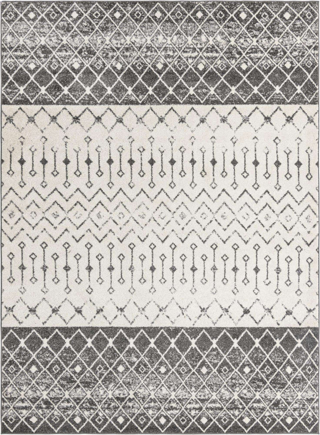 Ivory and Gray 9' x 12' Tribal Trellis Rectangle Area Rug Geometric Southwestern Inspired Durable Carpet for Home Interior Design for Sale at Rug Engine