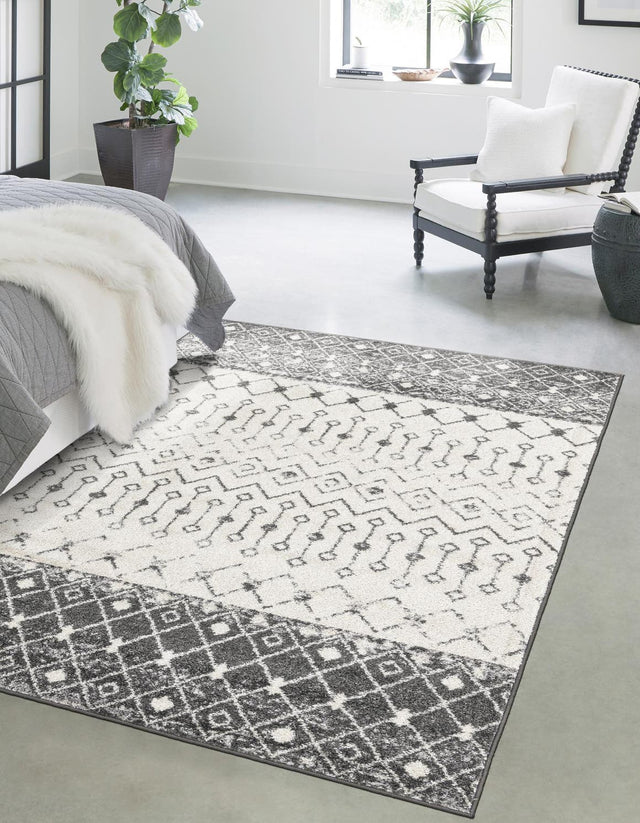 Ivory and Gray 9' x 12' Tribal Trellis Rectangle Area Rug Geometric Southwestern Inspired Durable Carpet for Home Interior Design for Sale at Rug Engine