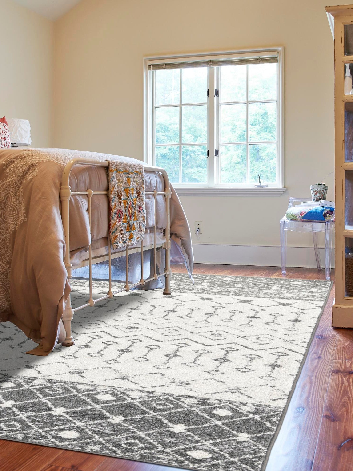 Ivory and Gray 9' x 12' Tribal Trellis Rectangle Area Rug Geometric Southwestern Inspired Durable Carpet for Home Interior Design for Sale at Rug Engine