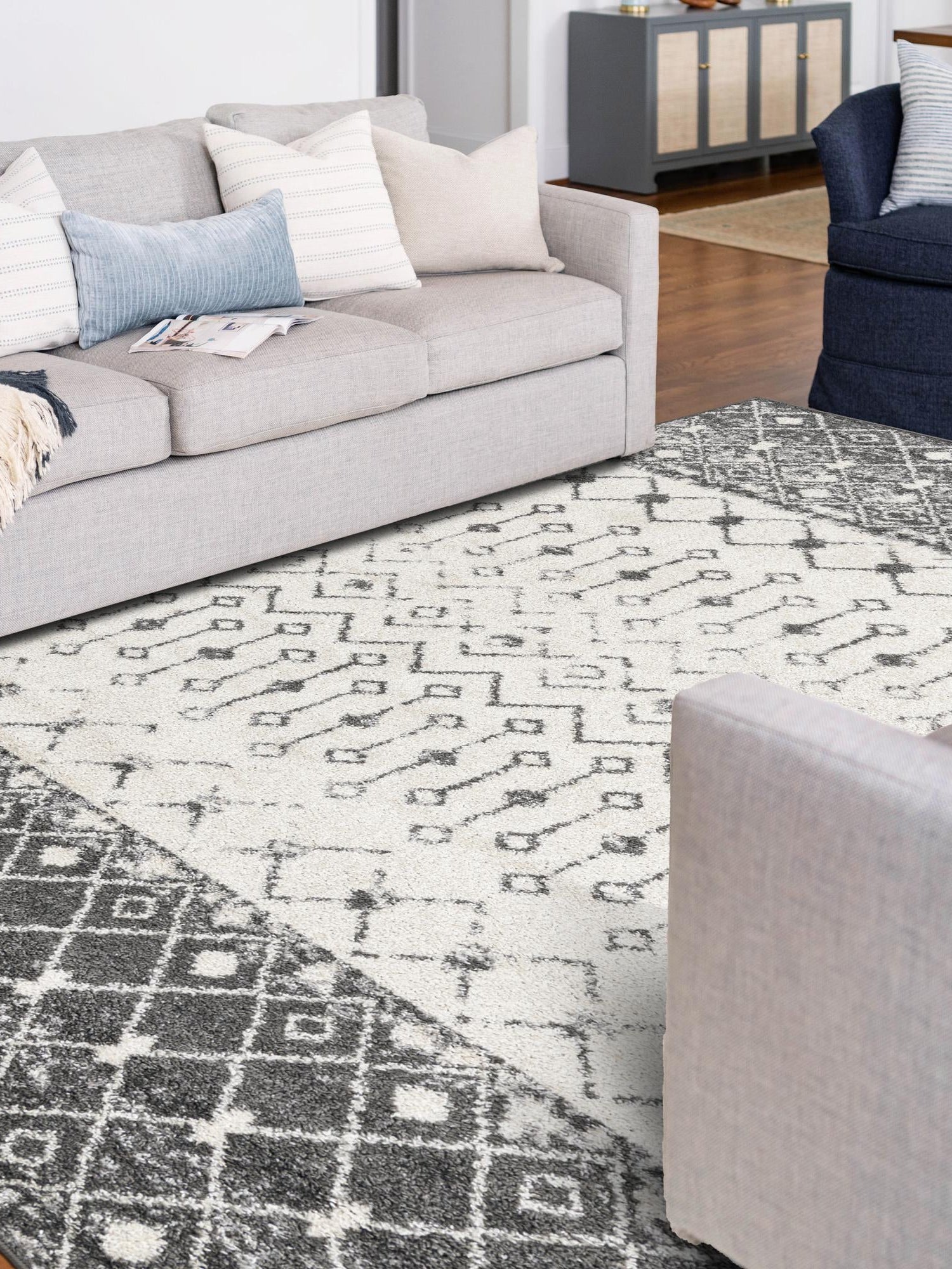 Ivory and Gray 10' 8 x 14' Tribal Trellis Rectangle Area Rug Geometric Southwestern Inspired Durable Carpet for Home Interior Design for Sale at Rug Engine
