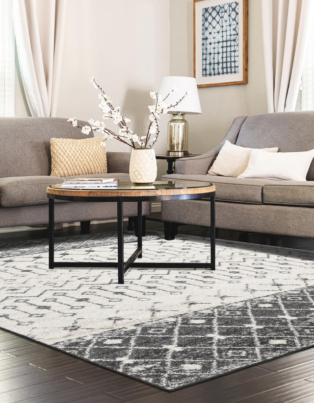 Ivory and Gray 10' x 13' 1 Tribal Trellis Rectangle Area Rug Geometric Southwestern Inspired Durable Carpet for Home Interior Design for Sale at Rug Engine