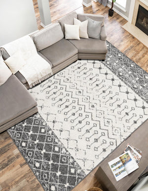 Ivory and Gray 7' 10 x 10' Tribal Trellis Rectangle Area Rug Geometric Southwestern Inspired Durable Carpet for Home Interior Design for Sale at Rug Engine