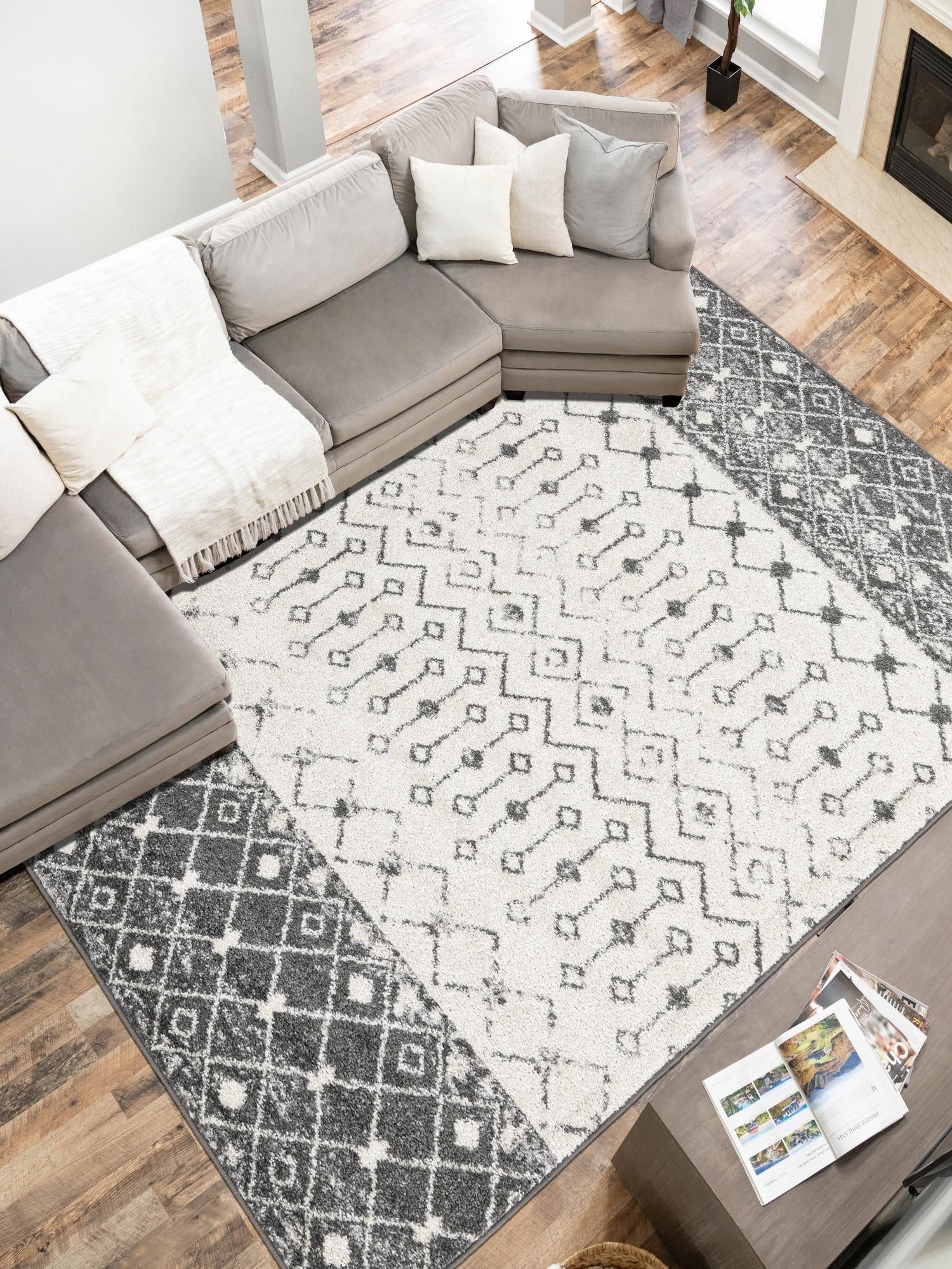 Ivory and Gray 9' x 12' Tribal Trellis Rectangle Area Rug Geometric Southwestern Inspired Durable Carpet for Home Interior Design for Sale at Rug Engine