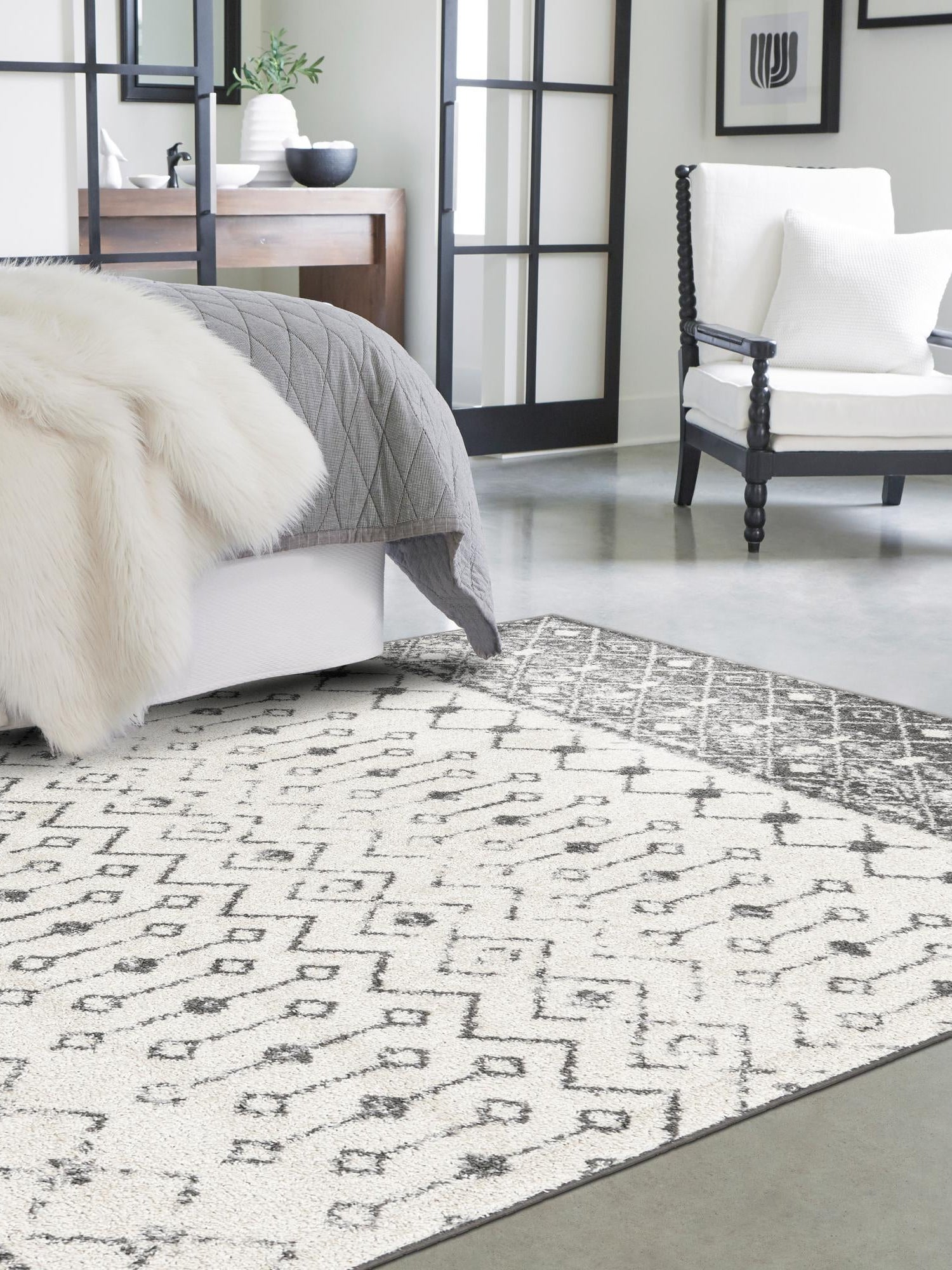 Ivory and Gray 9' x 12' Tribal Trellis Rectangle Area Rug Geometric Southwestern Inspired Durable Carpet for Home Interior Design for Sale at Rug Engine